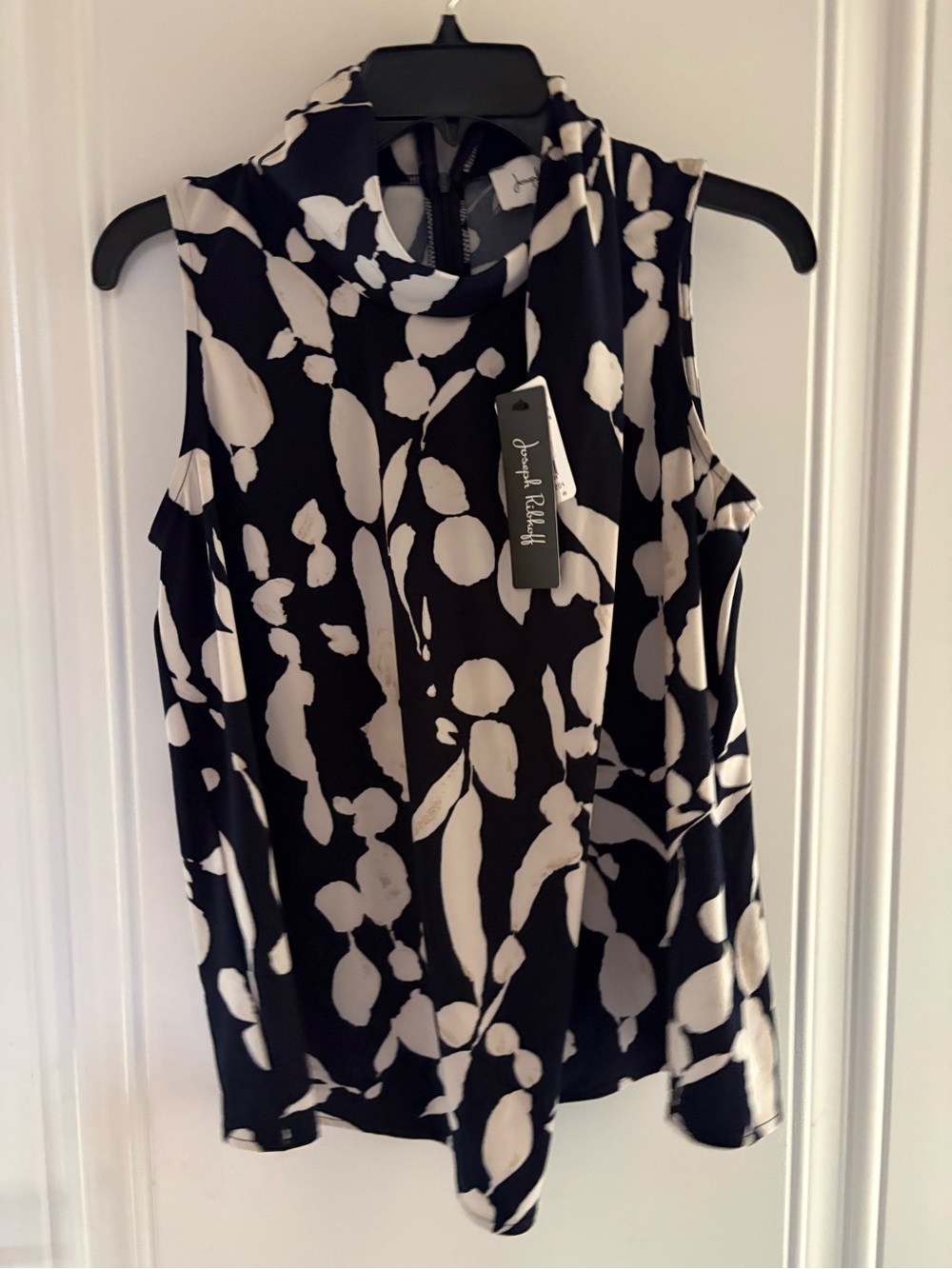 Joseph Ribkoff Blue/Beige Sleeveless Cowl Neck Abstract Printed Top in Size 6